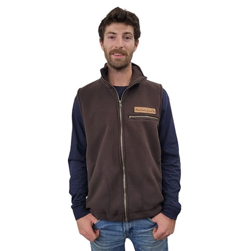 ADULT FULL ZIP VEST BONDED SHERPA BROWN MANITOULIN ISLAND LOGO