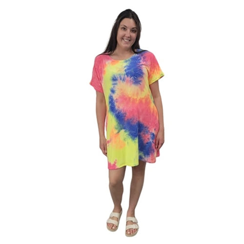 WOMEN'S LOOSE T DRESS TIE DYE RAINBOW