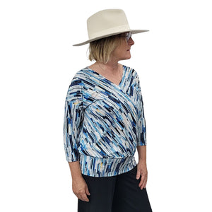 WOMEN'S RONI TOP  3/4 SLEEVE BRUSHSTROKES BLUE