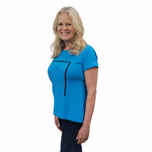 WOMEN'S ROUND NECK SHORT SLEEVE POPPIES APPLIQUE AQUA BLUE