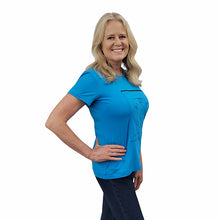 WOMEN'S ROUND NECK SHORT SLEEVE POPPIES APPLIQUE AQUA BLUE