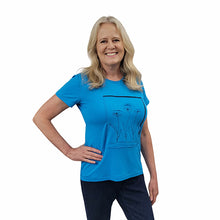 WOMEN'S ROUND NECK SHORT SLEEVE POPPIES APPLIQUE AQUA BLUE