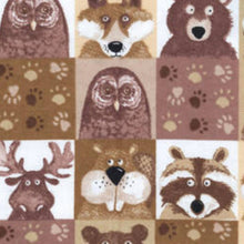 Pattern of animal faces including an owl, fox, bear, moose, beaver, and raccoon on a checkered background.