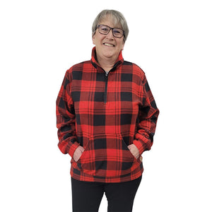 ADULT ZIP PULLOVER W/POUCH RED PLAID